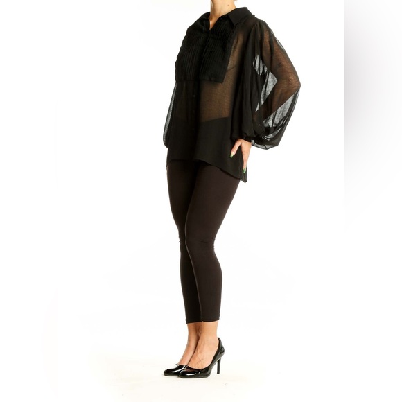 Black Sheer Pleated Button-Up‎ Blouse-XS - Picture 3 of 8